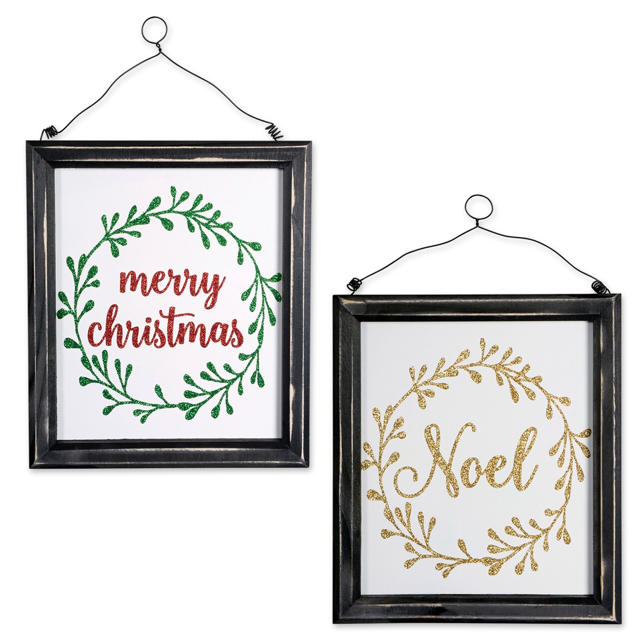 Contemporary Home Living Set of 2 White and Black "Noel" "Merry Christmas" Hanging Signs 10"